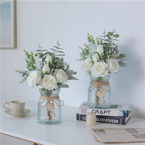 Faux Flowers with Vase,Artificial Silk Roses in Vase,FakePlant Eucalyptus Flower - Picture 5 of 7